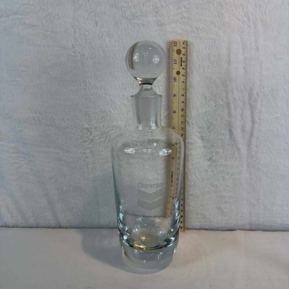 Krosno Poland Glass Decanter  With Chevron Advertising Logo Etching Vintage Rare